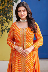 Orange Chiffon Georgette Leheriya Print Slit Cut Palazzo Suit